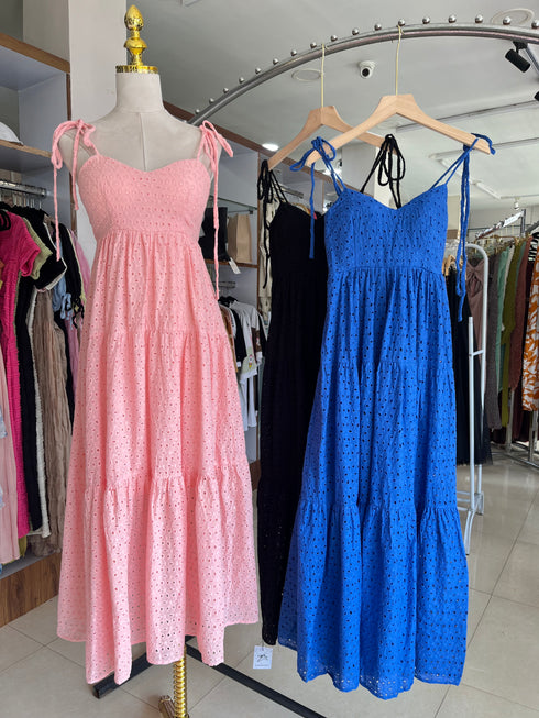 Summer Embroidered Patchwork Spaghetti Straps Flounce Long Dresses